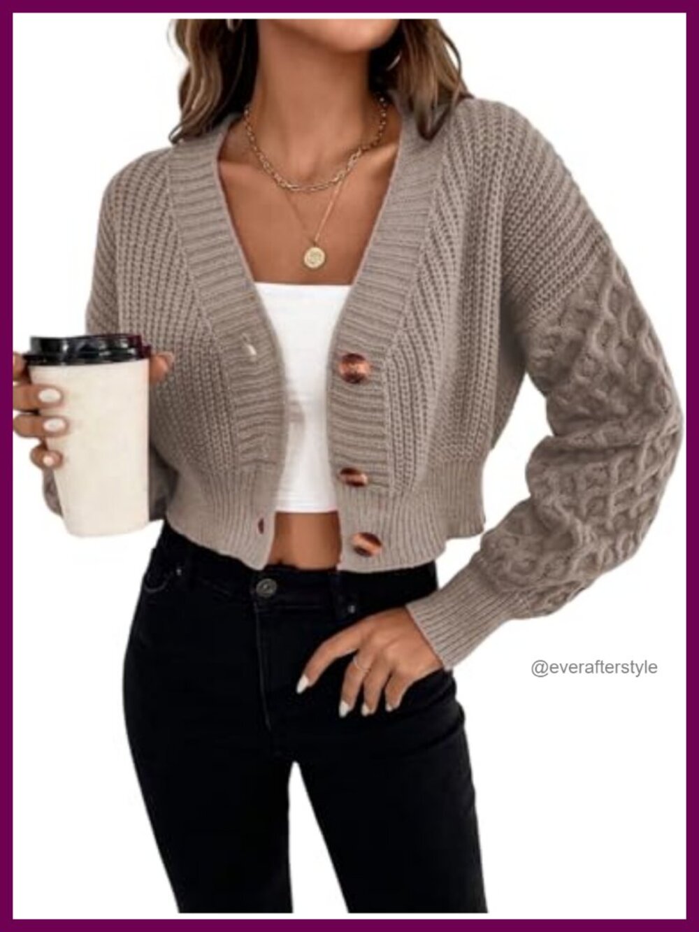 Women's Cable Knit Cardigan with Drop Shoulder Buttons Long Sleeve